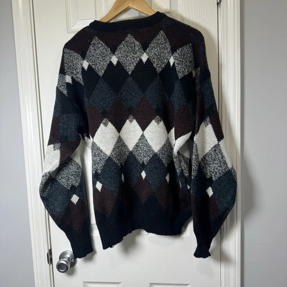 Vtg Impact Mens Sweater‎ Sz L Knit Argyle Leather Patches Trim Navy Maroon Gray